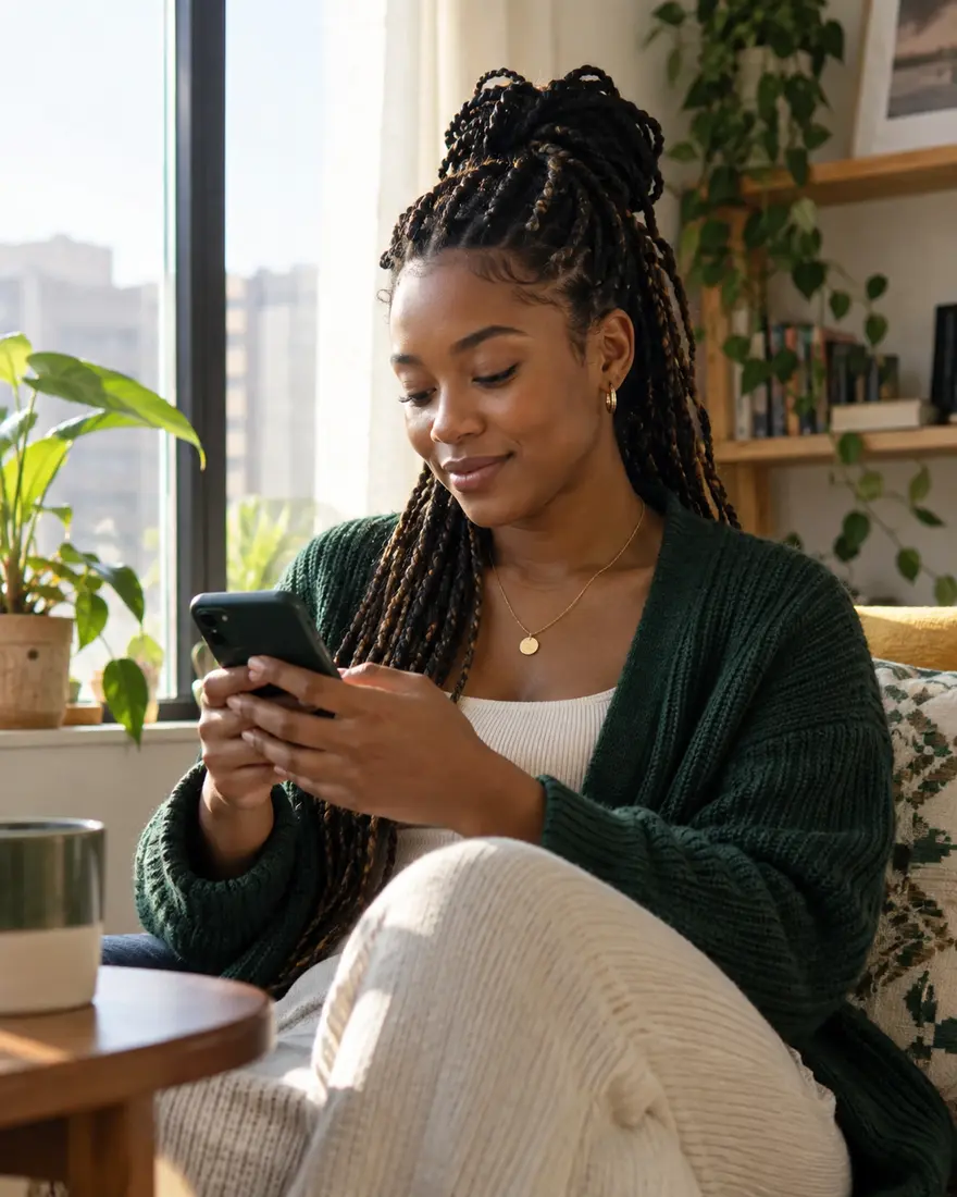 A woman checking her financial progress on her phone