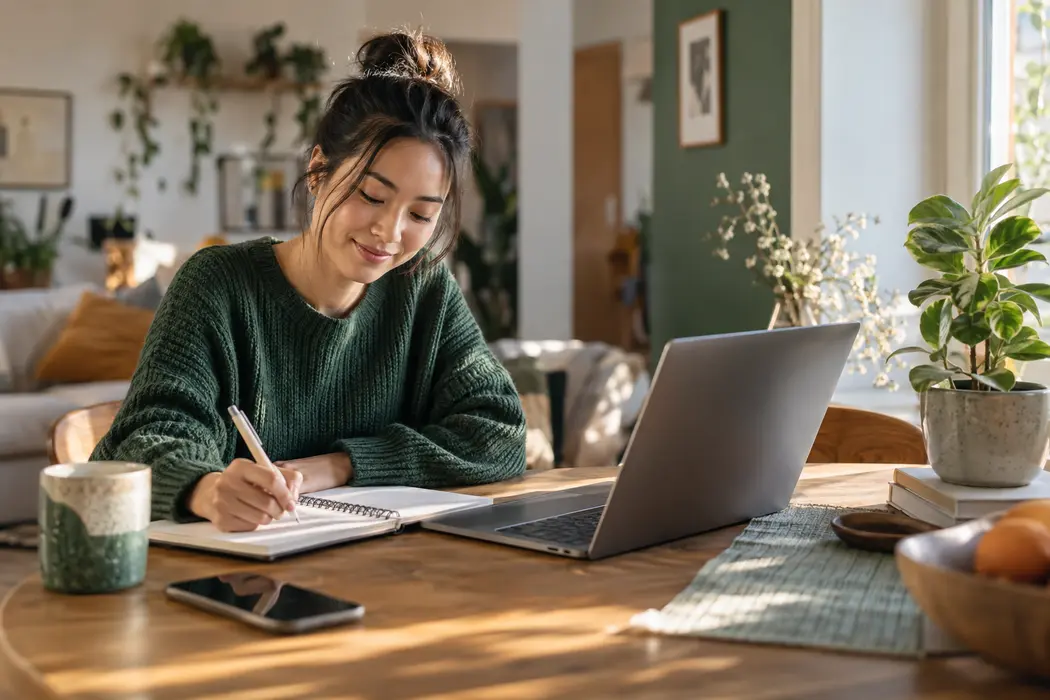A woman building a consistent monthly budget at home