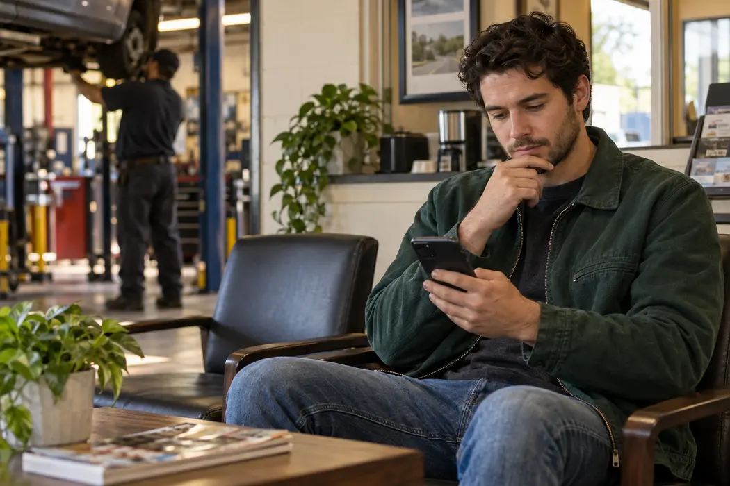 A customer comparing financing options while waiting at an auto repair shop