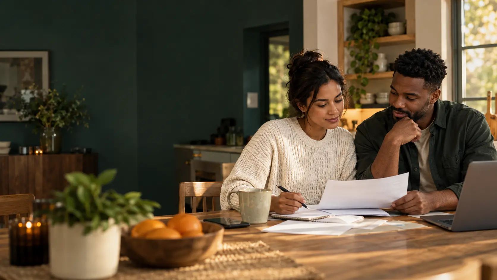 A couple calmly reviewing their household budget together at home