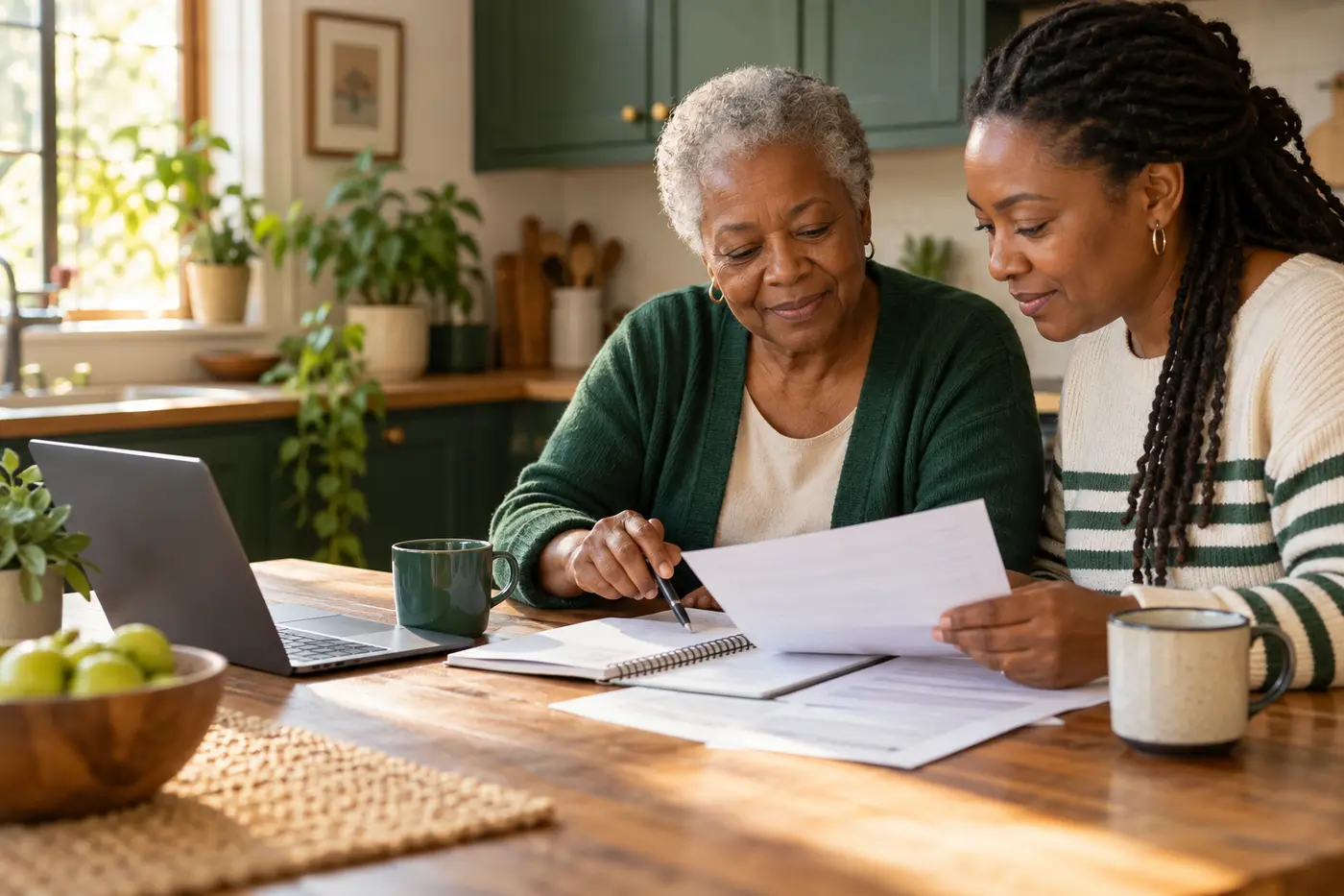 Two women reviewing benefit income and household finances