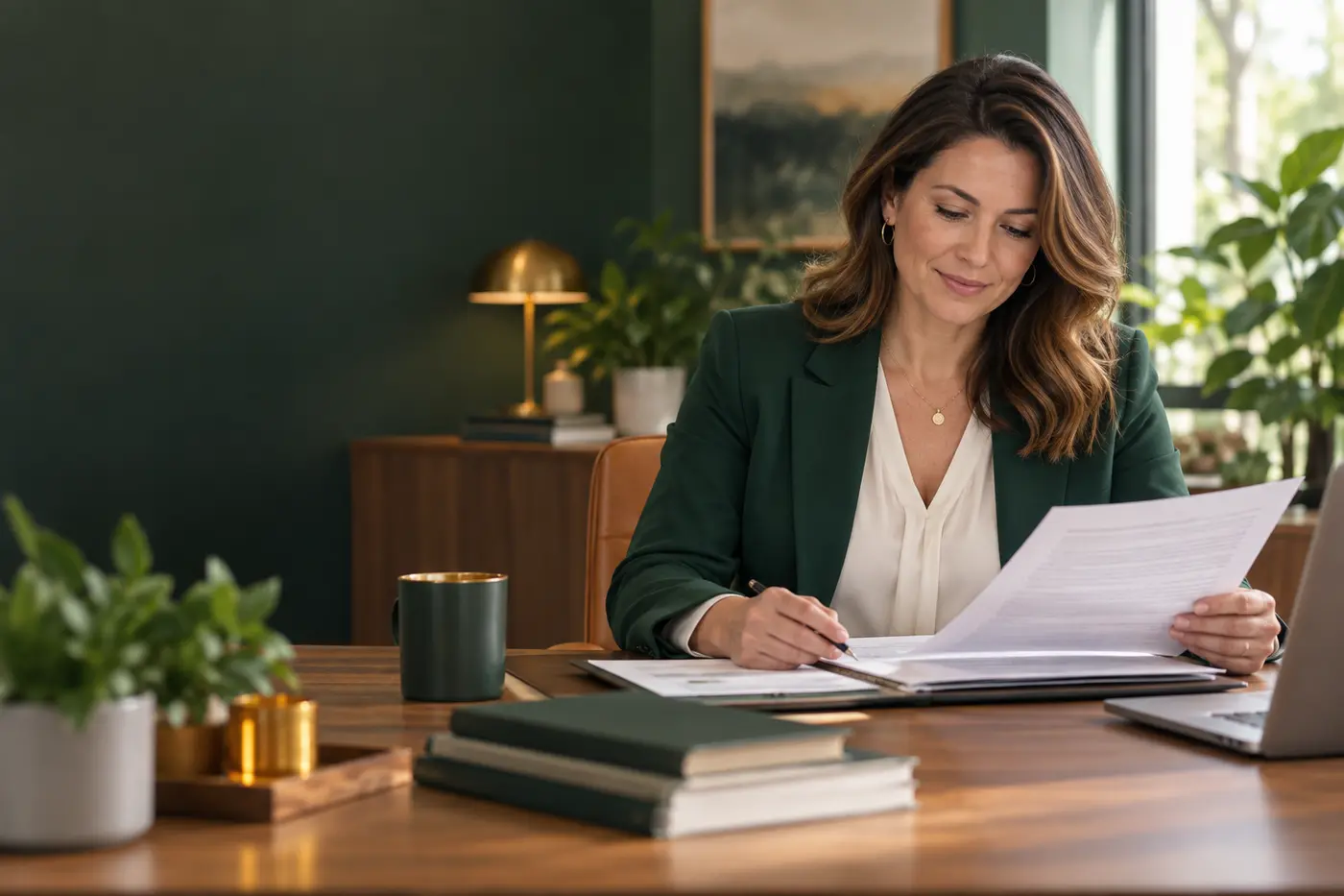 A woman carefully reviewing financial documents
