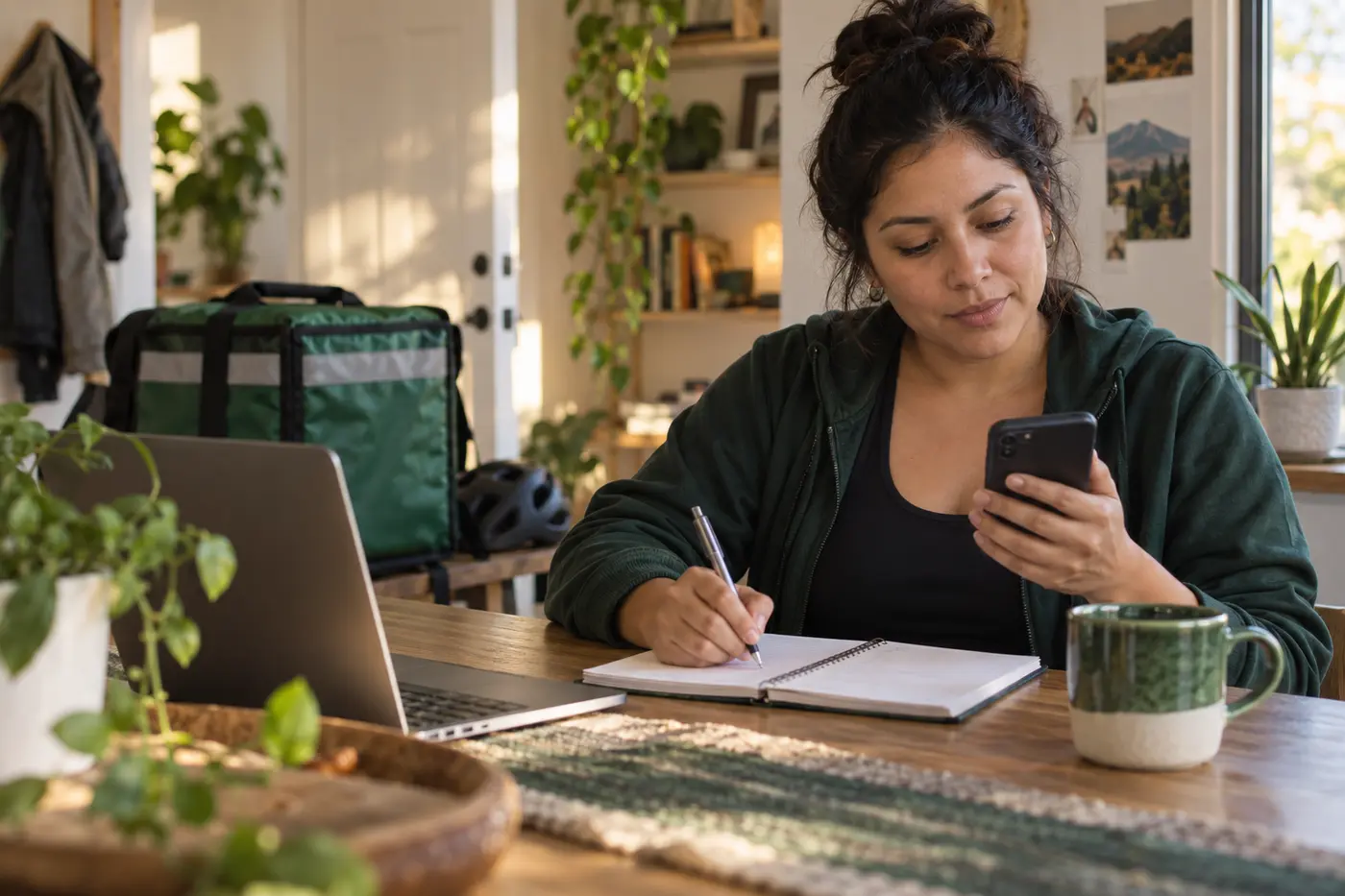 A self-employed woman organizing income and expenses